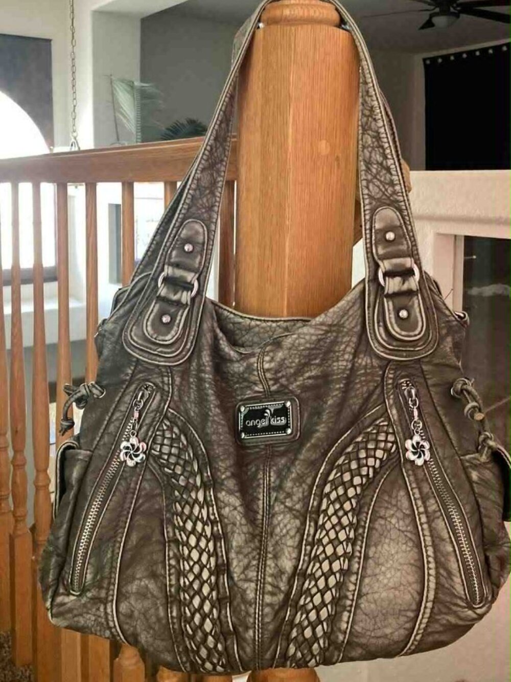 Angel Kiss Y2K Style Grey Soft Vegan Leather Braided Detail Shoulder Bag